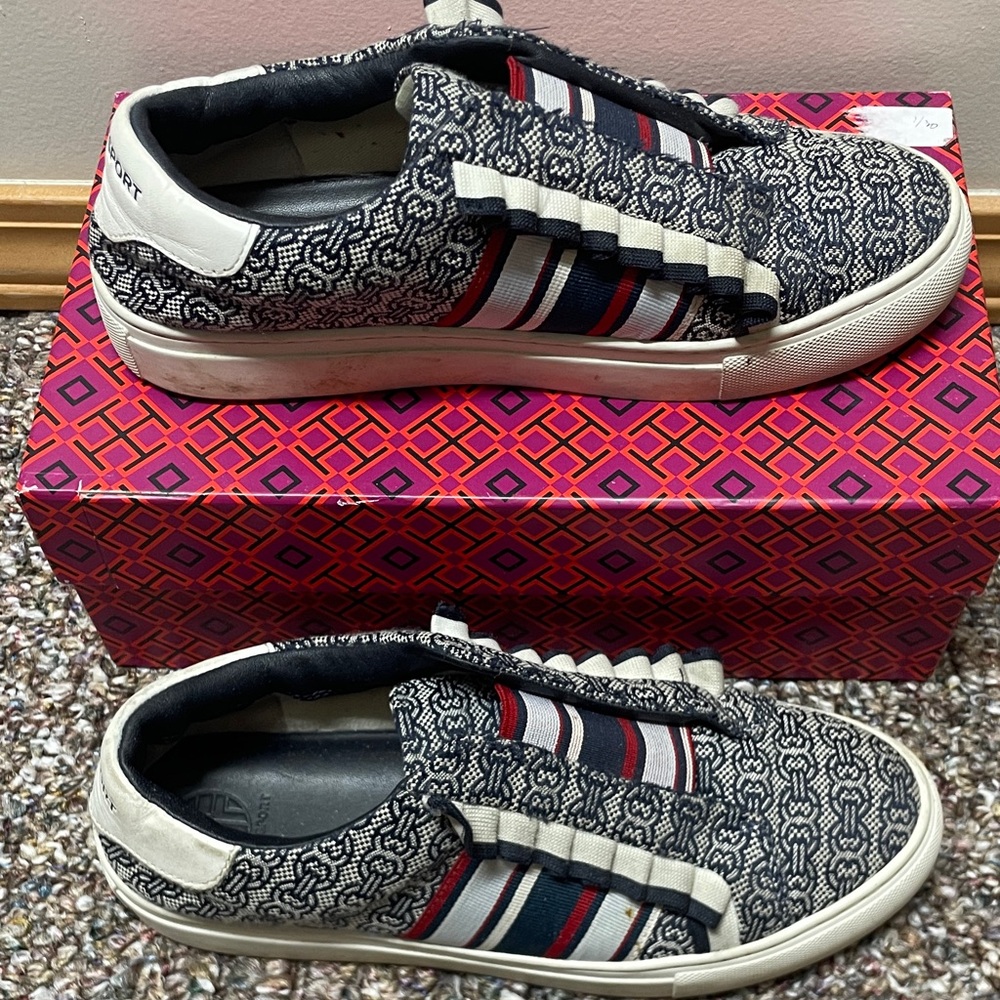 Tory Burch Navy, Ivory & Red Patterned Slip-On Sneakers - Picture 3 of 5